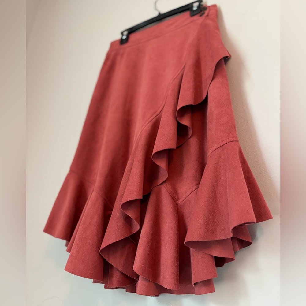Maeve by Anthropologie Mid Soft Faux Suede Pink Wrap Skirt, Asymmetry, Flow Sz00